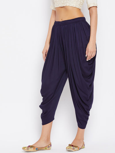 Navy Blue Rayon Dhoti Salwar with elasticated waistband and solid pattern.