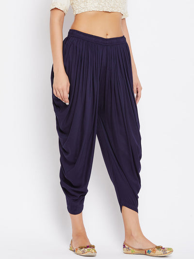 Navy Blue Rayon Dhoti Salwar with elasticated waistband displaying a stylish, comfortable design.