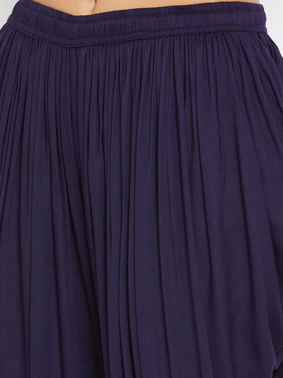 Navy Blue Rayon Dhoti Salwar with elasticated waistband and solid pattern.