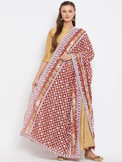 Maroon Georgette Heavy Embroidered Dupatta