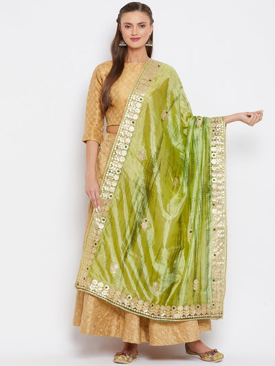 Parrot Green Tie & Dye Gotta Patti Dupatta styled with ethnic attire.