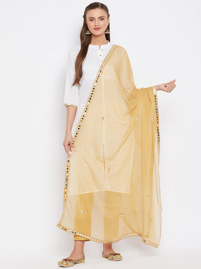 Fawn chiffon mirror solid dupatta styled with white kurta.