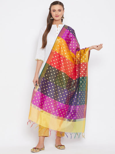 Multicolor Silk Blend Dupatta with ethnic design and polka dots.