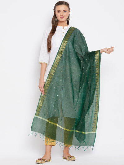 Bottle green and gold coloured woven design dupatta showcased with ethnic attire.