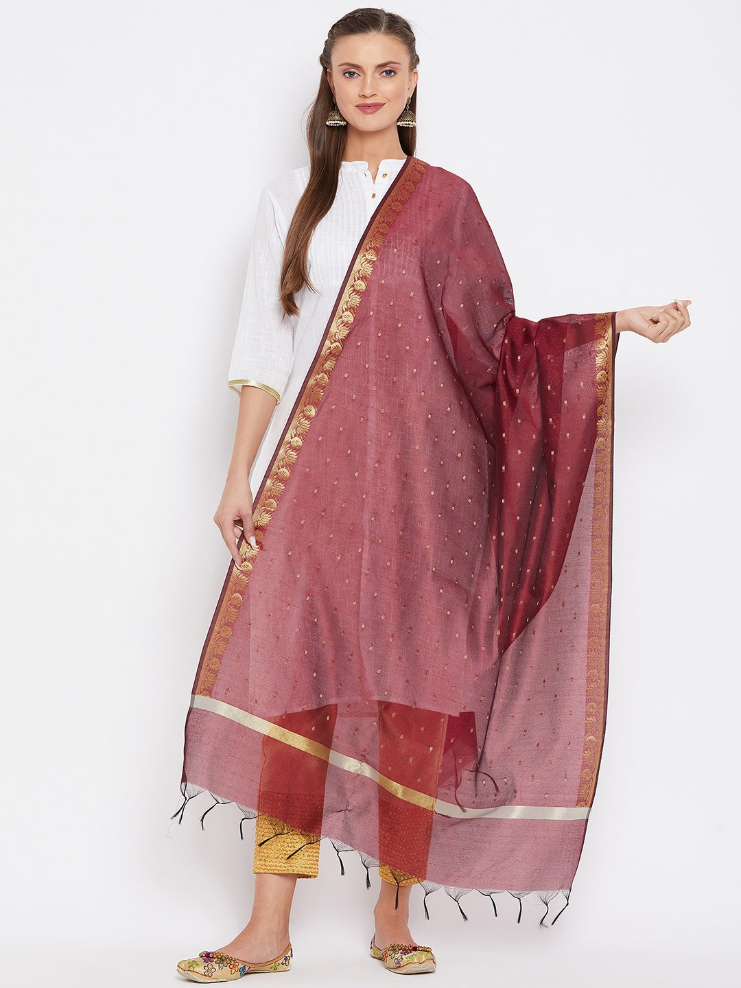 Maroon and gold colored woven design dupatta from Clora Creation.