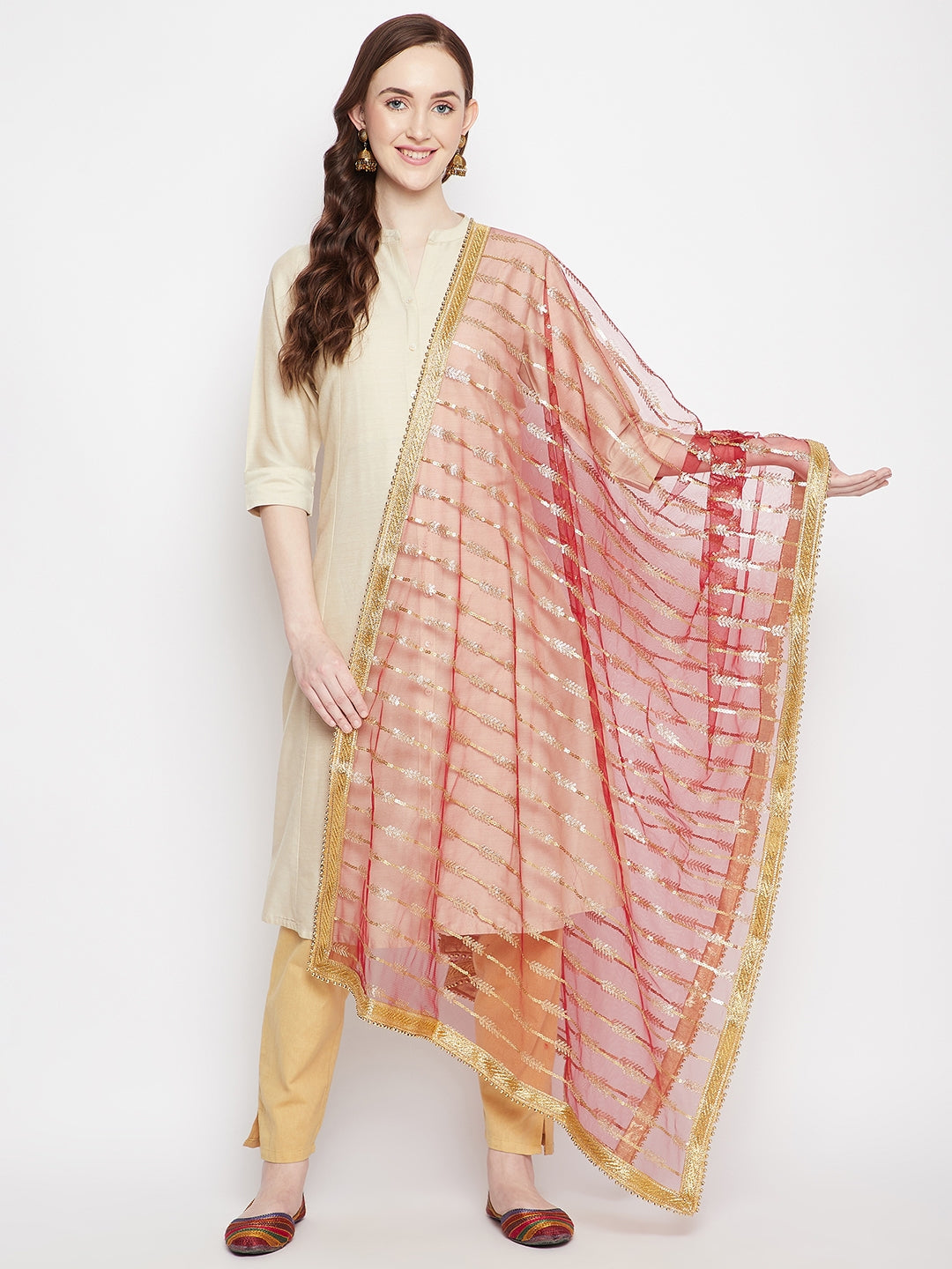 Clora Red Embellished Net Dupatta