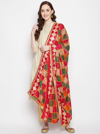 Multicoloured Phulkari embroidery dupatta styled with kurta palazzo set.