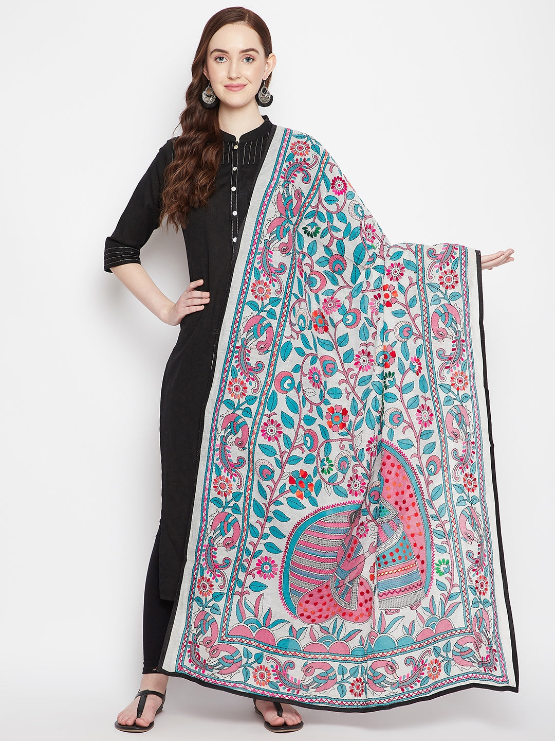 Multicolored Chanderi Cotton Dupatta with ethnic floral patterns styled with a black kurta.