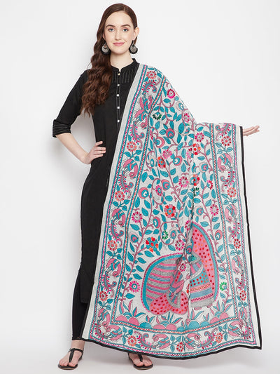 Multicolored Chanderi Cotton Dupatta with ethnic floral patterns styled with a black kurta.