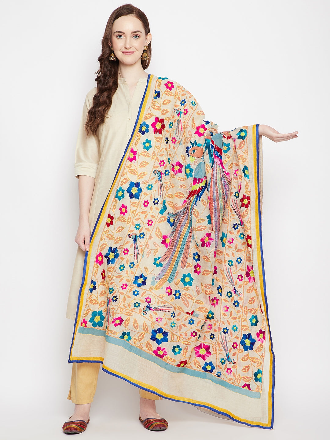 Multicolored Chanderi Cotton Dupatta with floral design, styled with kurta palazzo set.