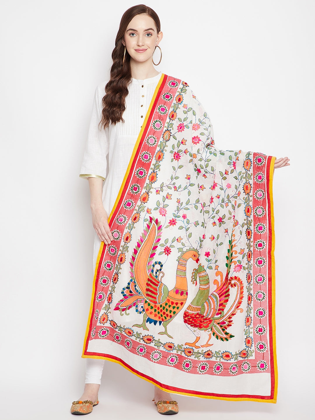 Multicolored Chanderi Cotton Dupatta with ethnic floral design.