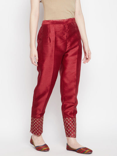 Maroon Hem Design Silk Trouser with embellishments on hem.