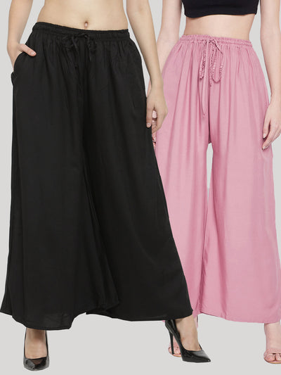 Black and baby pink rayon sharara set with elasticated waistband and drawstring closure.