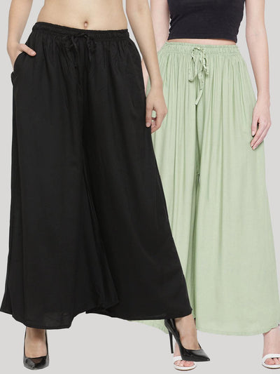 Black and pista green rayon sharara set with flared fit and elasticated waistband.
