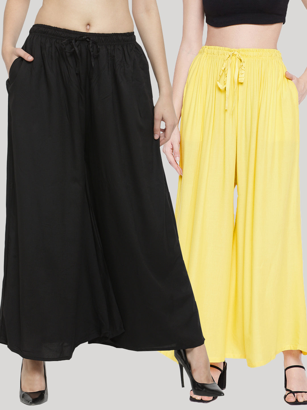 Clora Solid Black & Lemon Rayon Sharara (Pack Of 2)