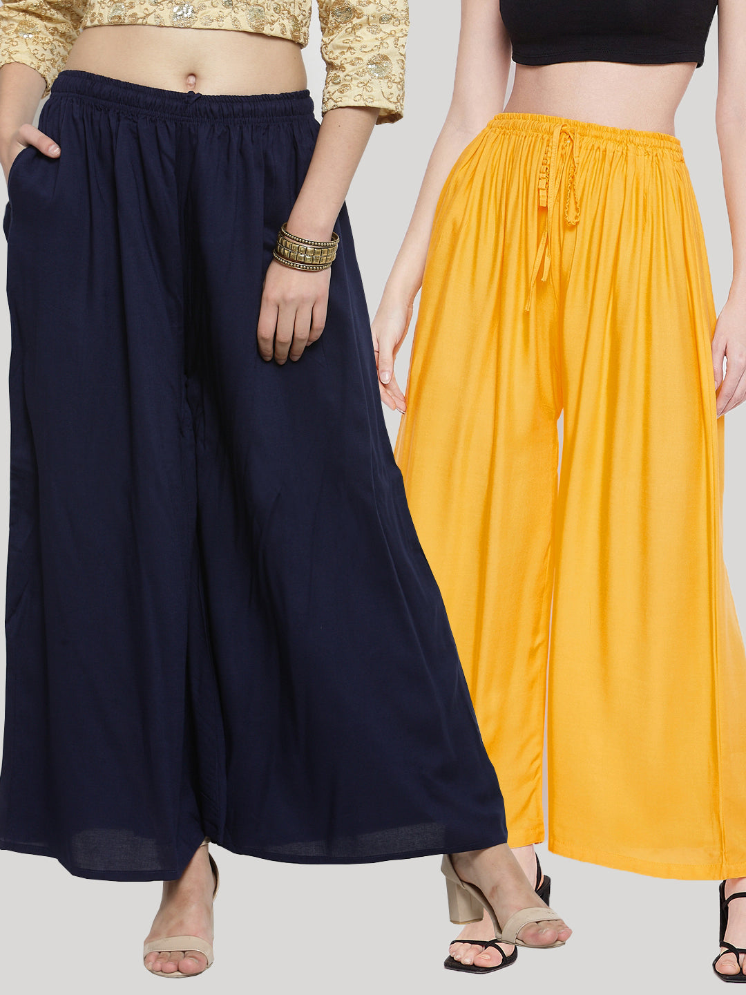 Clora Solid Navy Blue & Yellow Rayon Sharara (Pack Of 2)