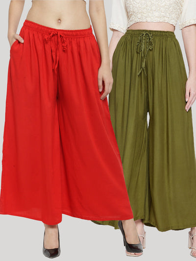 Clora Solid Red & Olive Rayon Sharara (Pack Of 2)