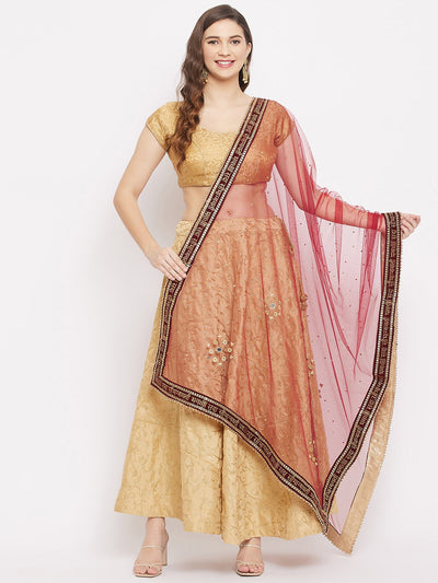 Clora Maroon Embellished Dupatta with Beads and Stones