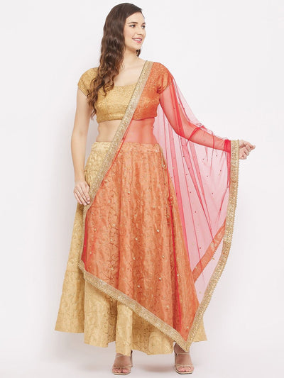 Red embellished dupatta with beads and stones paired with traditional attire.