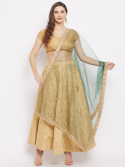 Bottle Green Embellished Dupatta adorned with beads and stones, styled with ethnic wear.