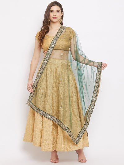 Clora Bottle Green Embellished Dupatta with Beads and Stones
