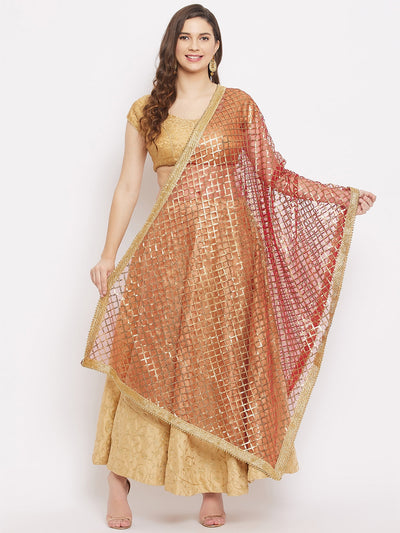 Clora Red Embellished Sequined Net Dupatta 