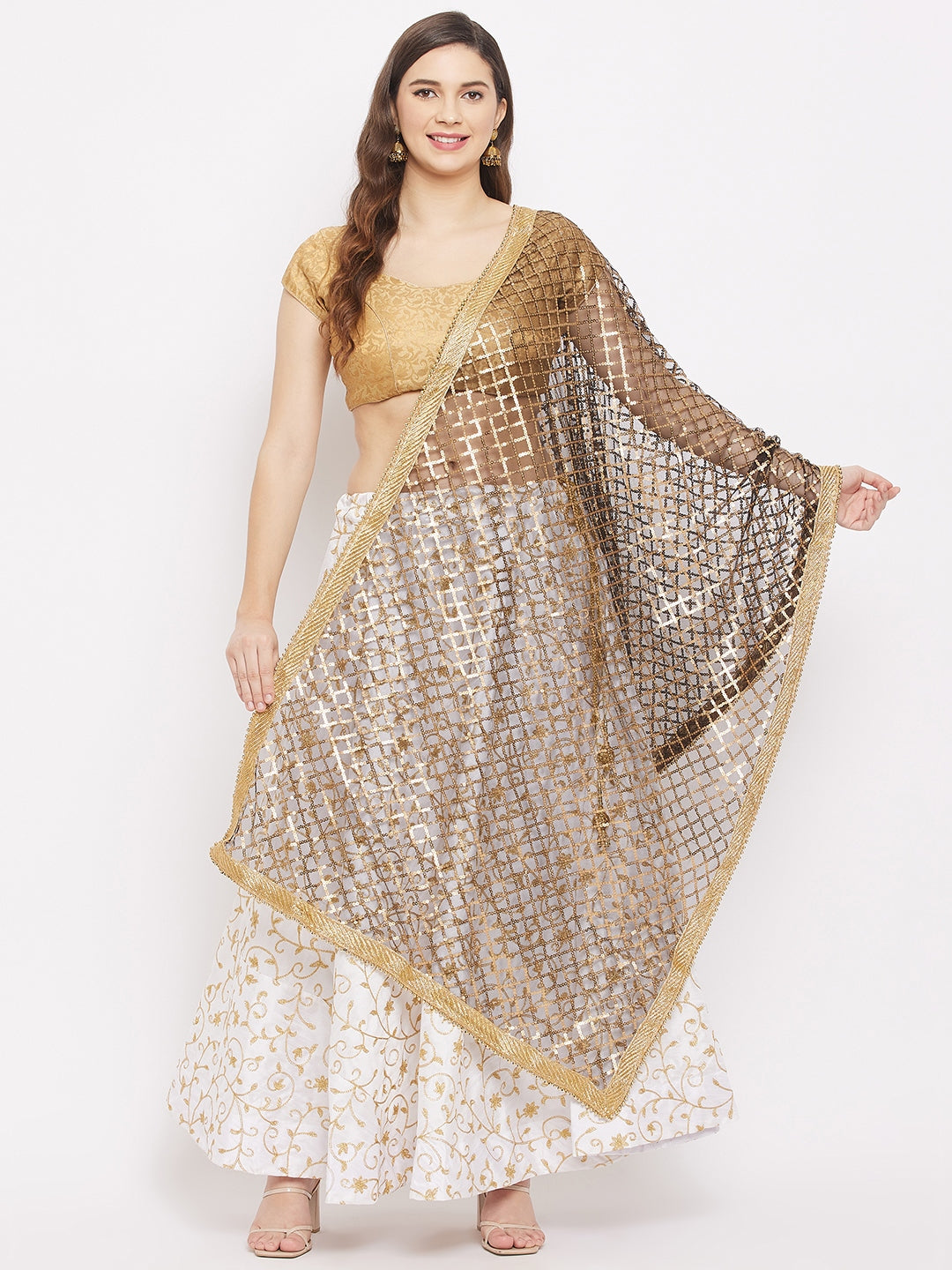 Clora Black Embellished Sequined Net Dupatta 