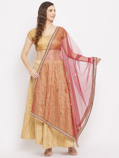 Maroon embellished dupatta with beads and stones styled with ethnic outfit.