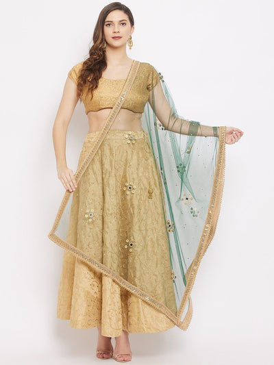 Bottle Green Embellished Dupatta with Beads and Stones made from Net - Clora Creation