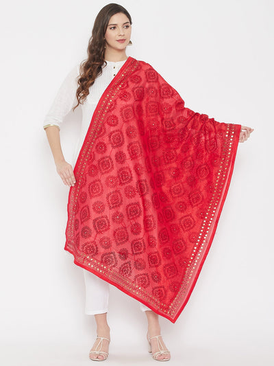 Red Chanderi silk embroidered dupatta styled with a white kurta set for a traditional look.