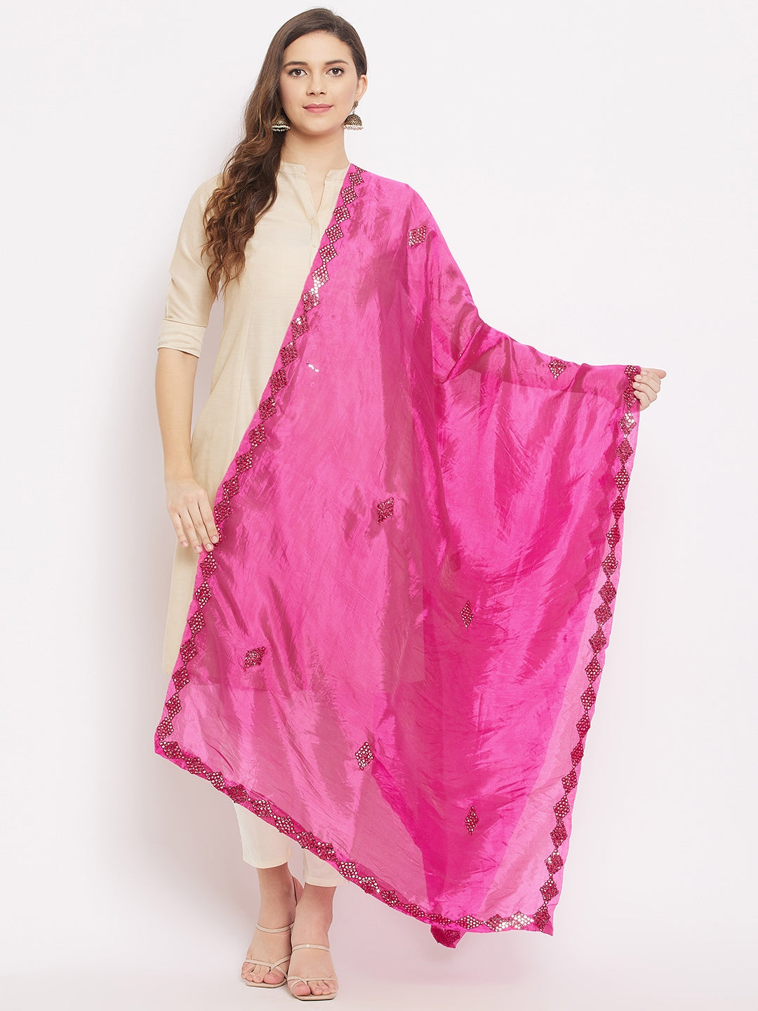 Clora Magenta Mirror Work Silk Dupatta