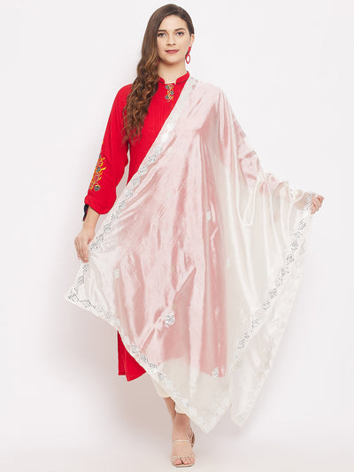 Cream Mirror Work Silk Dupatta with elegant ethnic design.