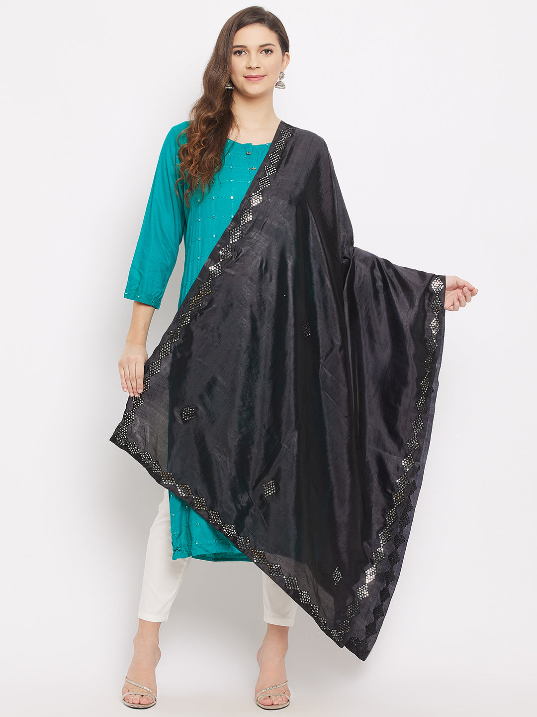 Clora Black Mirror Work Silk Dupatta