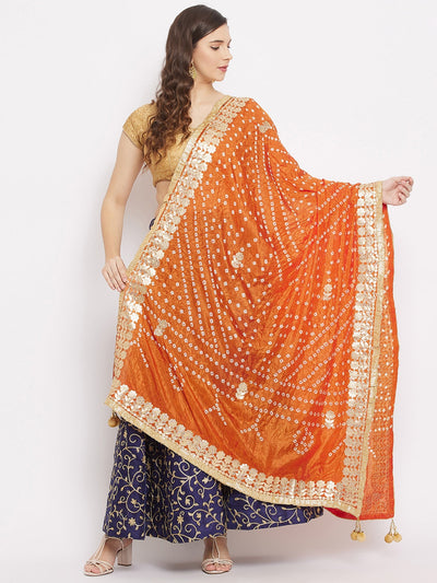 Orange Bandhani Tie & Dye Dupatta with Ethnic Design and Gold Border