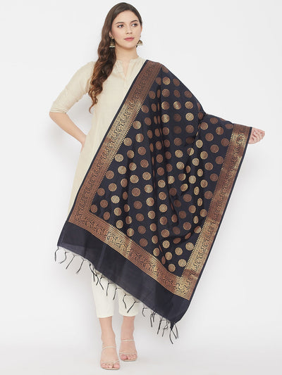 Black Banarsi Silk Dupatta with intricate ethnic design, styled with kurta palazzo set.