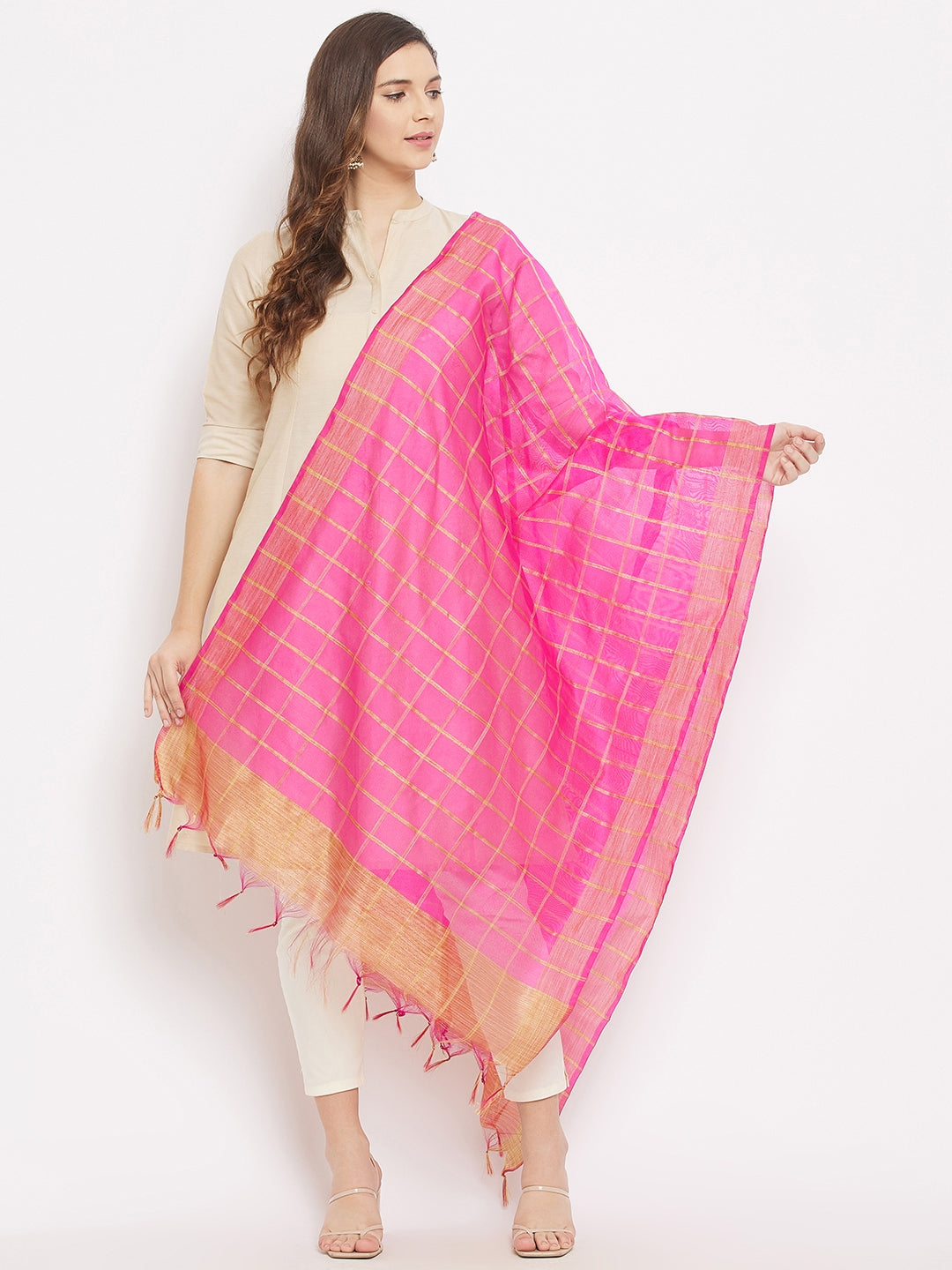 Clora Magenta Check Silk Blend Dupatta