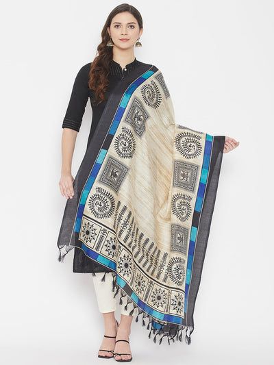Beige Printed Silk Dupatta with ethnic design, styled with black kurta and white palazzo.