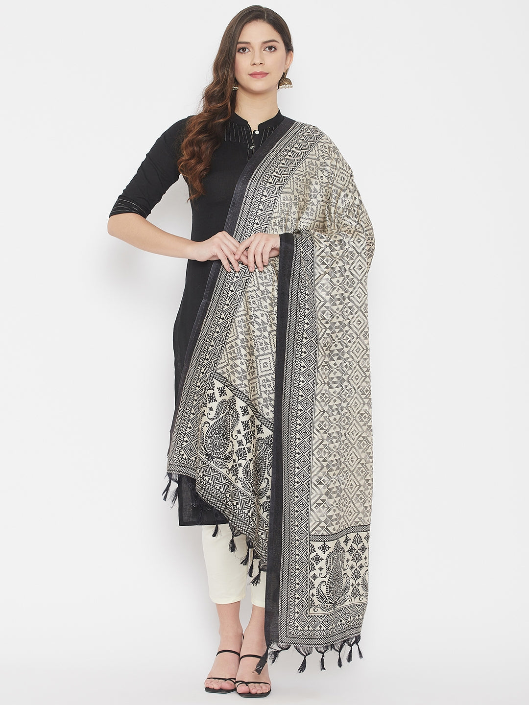 Clora Black Printed Silk Dupatta