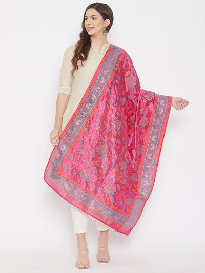 Magenta printed silk dupatta with intricate floral design.