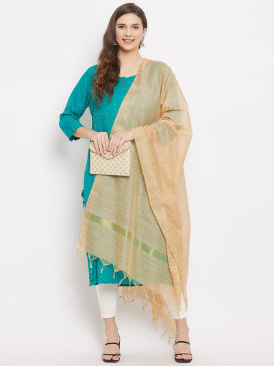 Beige solid silk dupatta styled with a kurta palazzo set.