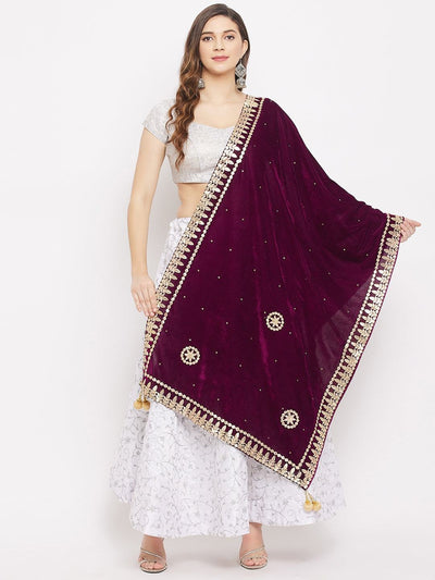 Wine Velvet Dupatta with Gotta Patti Work styled with white ethnic attire.