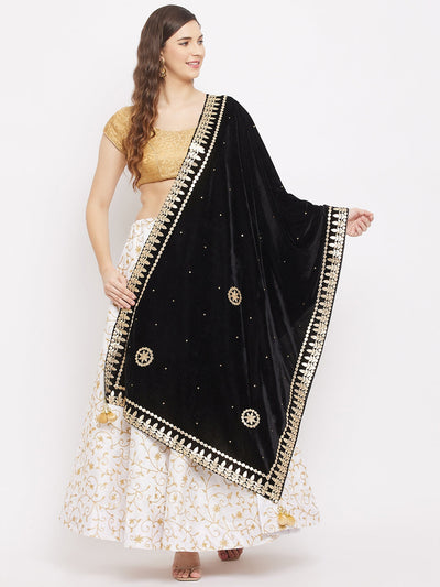 Black velvet dupatta with gotta patti work, styled with a kurta palazzo set.