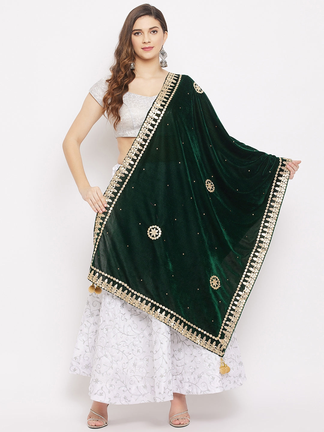 Bottle Green Velvet Dupatta with Gotta Patti Work, elegant ethnic accessory.