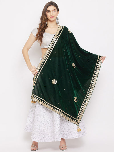 Bottle Green Velvet Dupatta with Gotta Patti Work, elegant ethnic accessory.