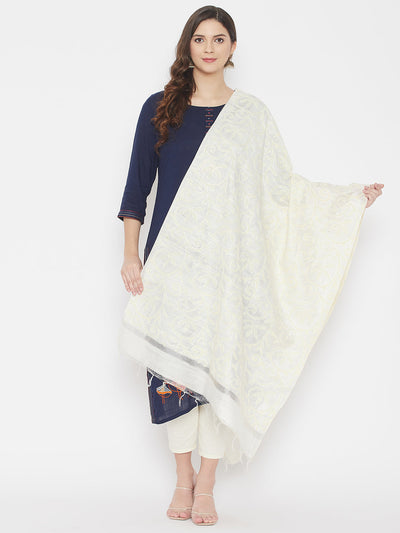 Cream embroidered silk dupatta styled with kurta palazzo set.