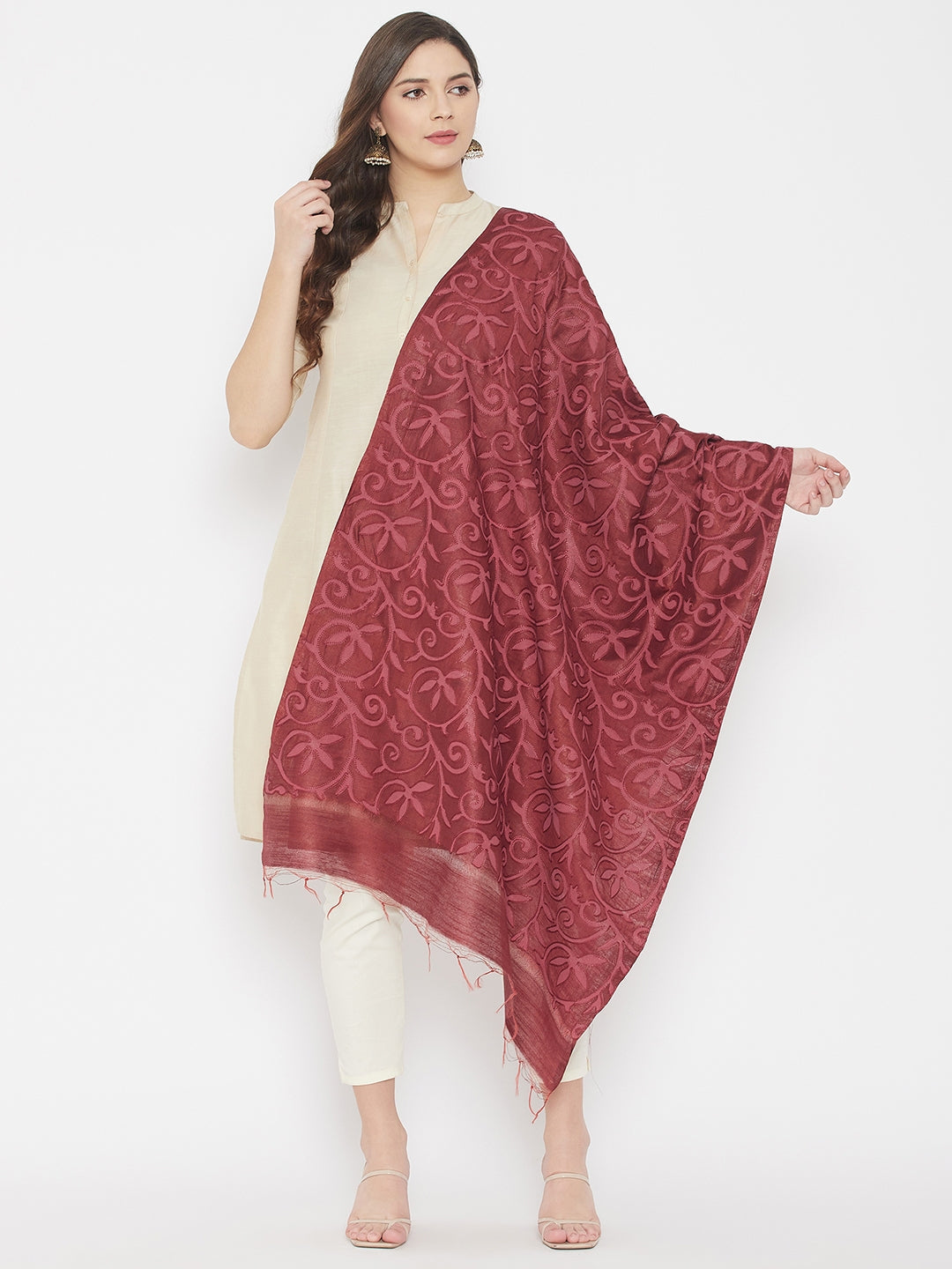Maroon embroidered silk dupatta with elegant ethnic design.