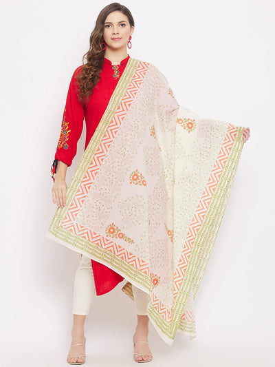 Off-White Printed Cotton Dupatta with ethnic design styled with kurta and palazzo set.