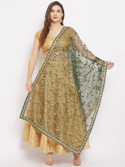 Clora Bottle Green Embellished Net Dupatta 