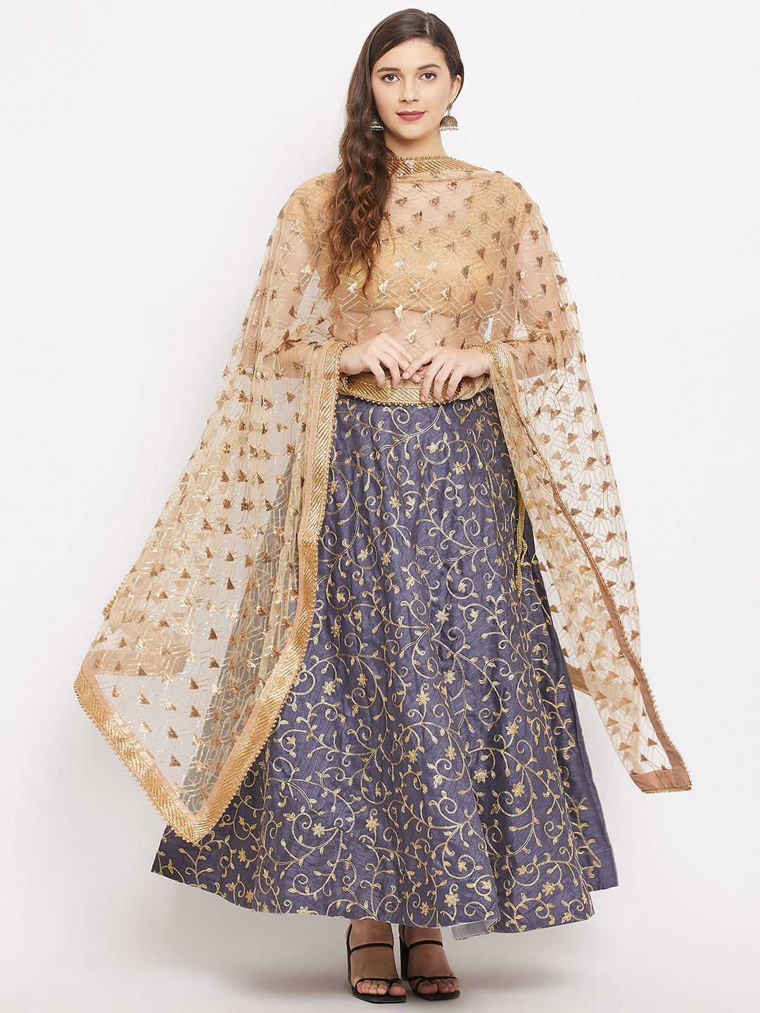 Fawn Embellished Net Dupatta styled with ethnic attire.