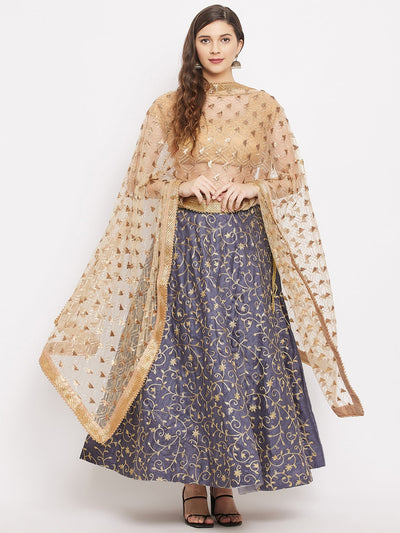 Fawn Embellished Net Dupatta styled with ethnic attire.
